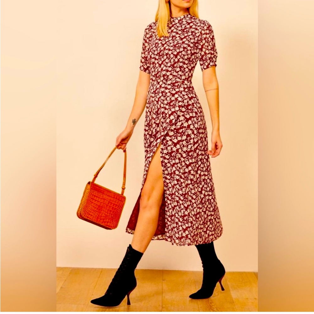 Reformation Gio Ditsy Floral Midi Dress Front Slit & Button Details Size 8